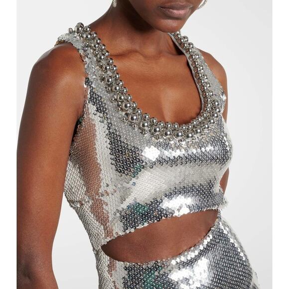 Paco Rabanne Silver Sequin Cut Out Gown Maxi Dress Size US 12 FR 44 Spring '24 - Picture 3 of 16